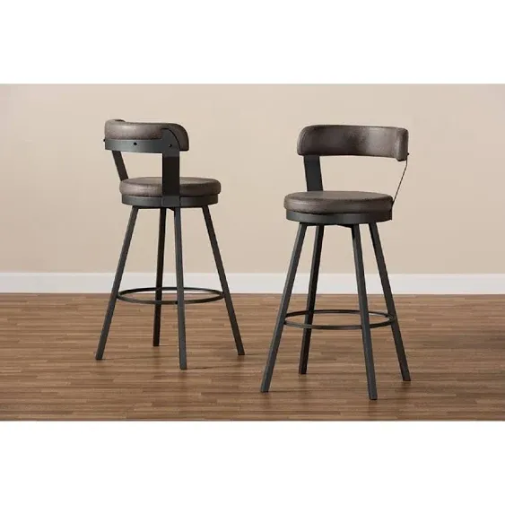 Arcene Rustic and Industrial Antique Grey Faux Leather Swivel Bar Stool Set of 2