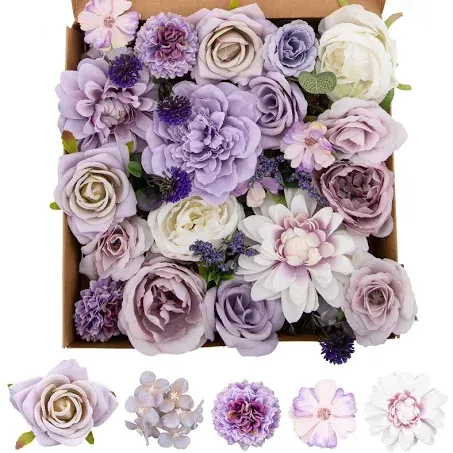 Kisflower Purple Artificial Flowers Combo Cake Flowers Decorations Fake Peony Silk Roses Gift Box for DIY Wedding Bridal Bouquet Centerpieces Arrangements Party Baby Shower Holiday Decor (Purple)