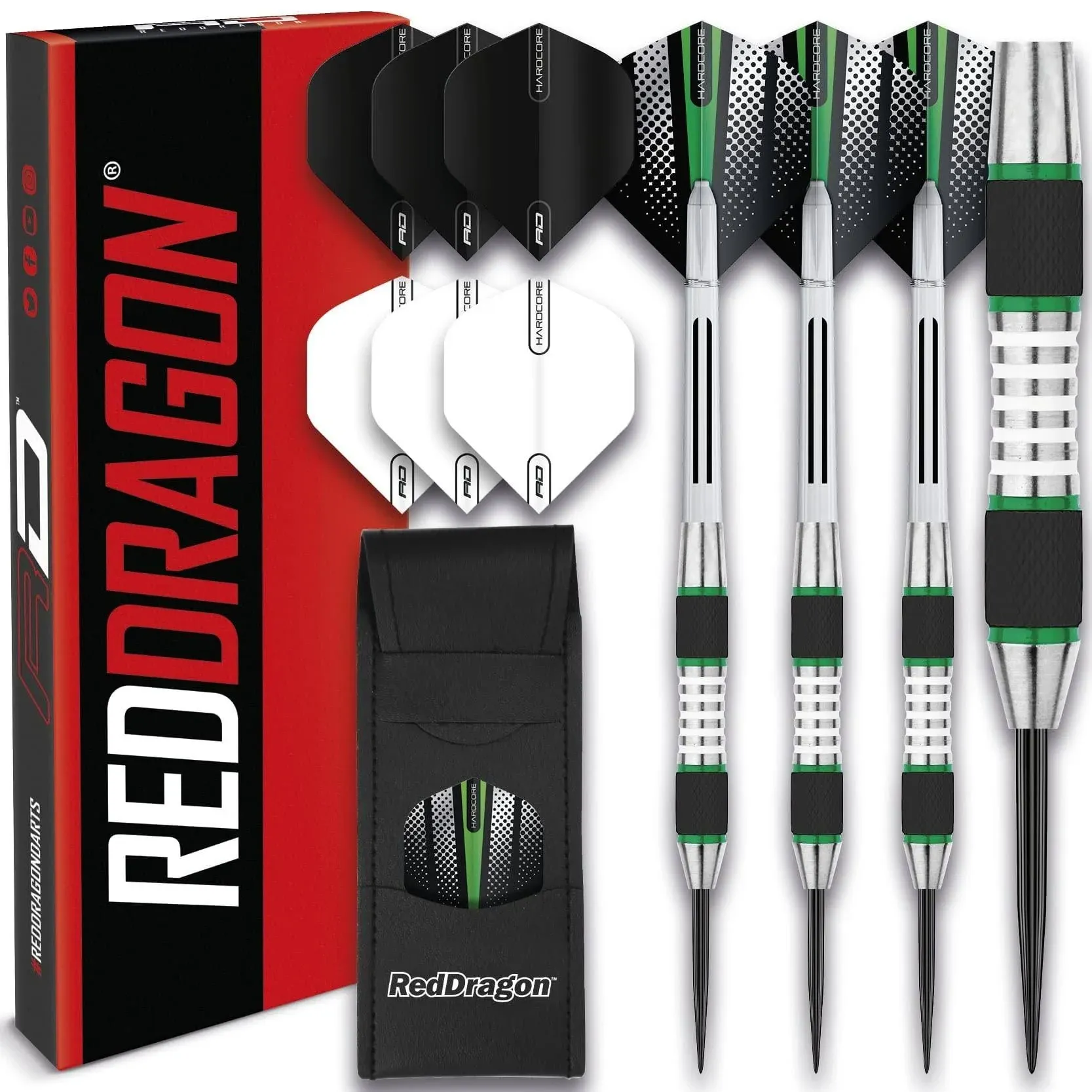 Red Dragon Evos: 24 Gram Green Tungsten Darts Set with Flights, Shafts (Stems) and Wallet