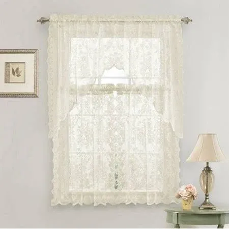 Country Chic Complete Floral Lace Kitchen Curtain Tier & Swag Valance Set - Beige