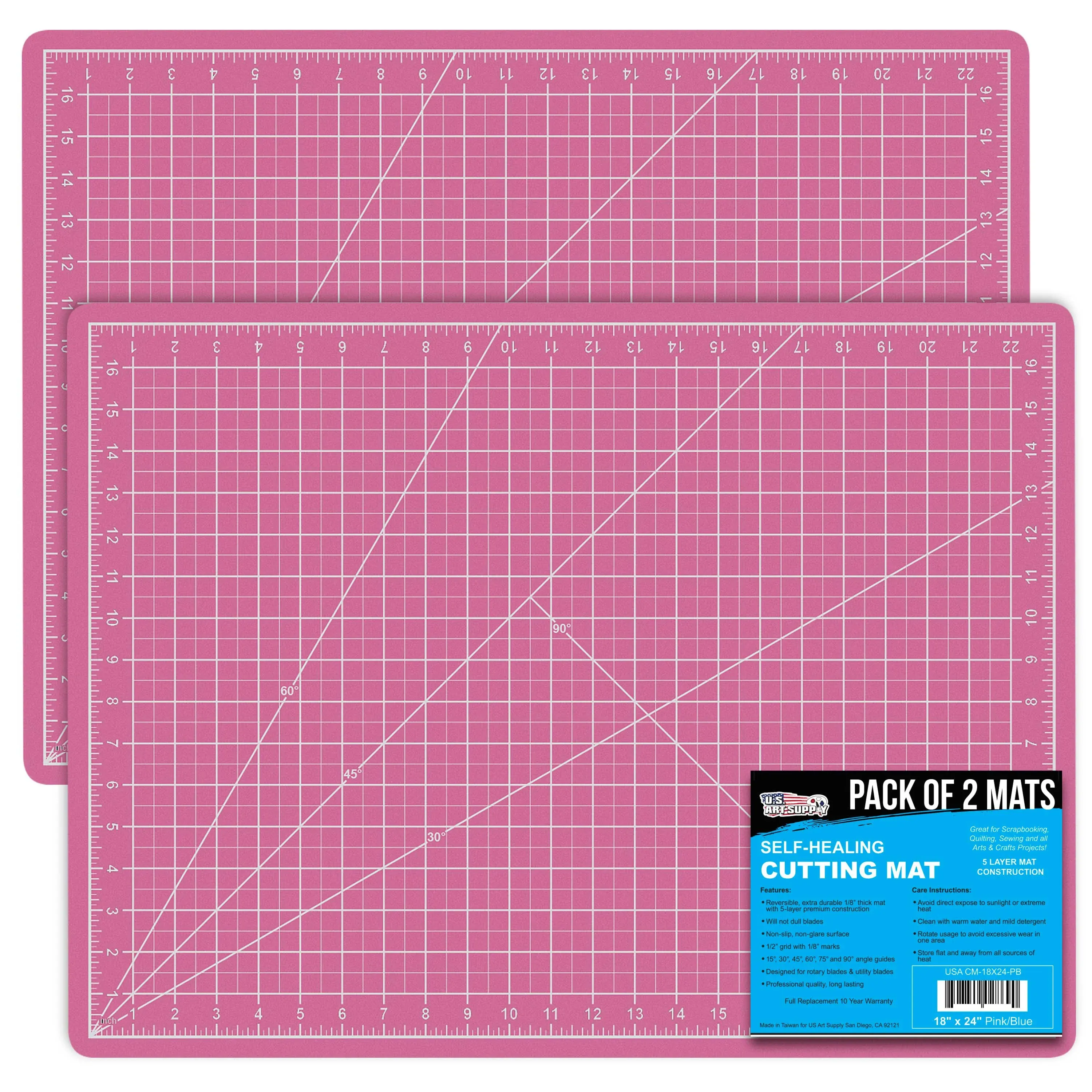 U.S. Art Supply - Pack of 2-18" x 24" Pink/Blue Professional Self Healing 5-Ply Double Sided Durable Non-Slip Cutting Mat Great for Scrapbooking, Quilting, Sewing, Arts & Crafts