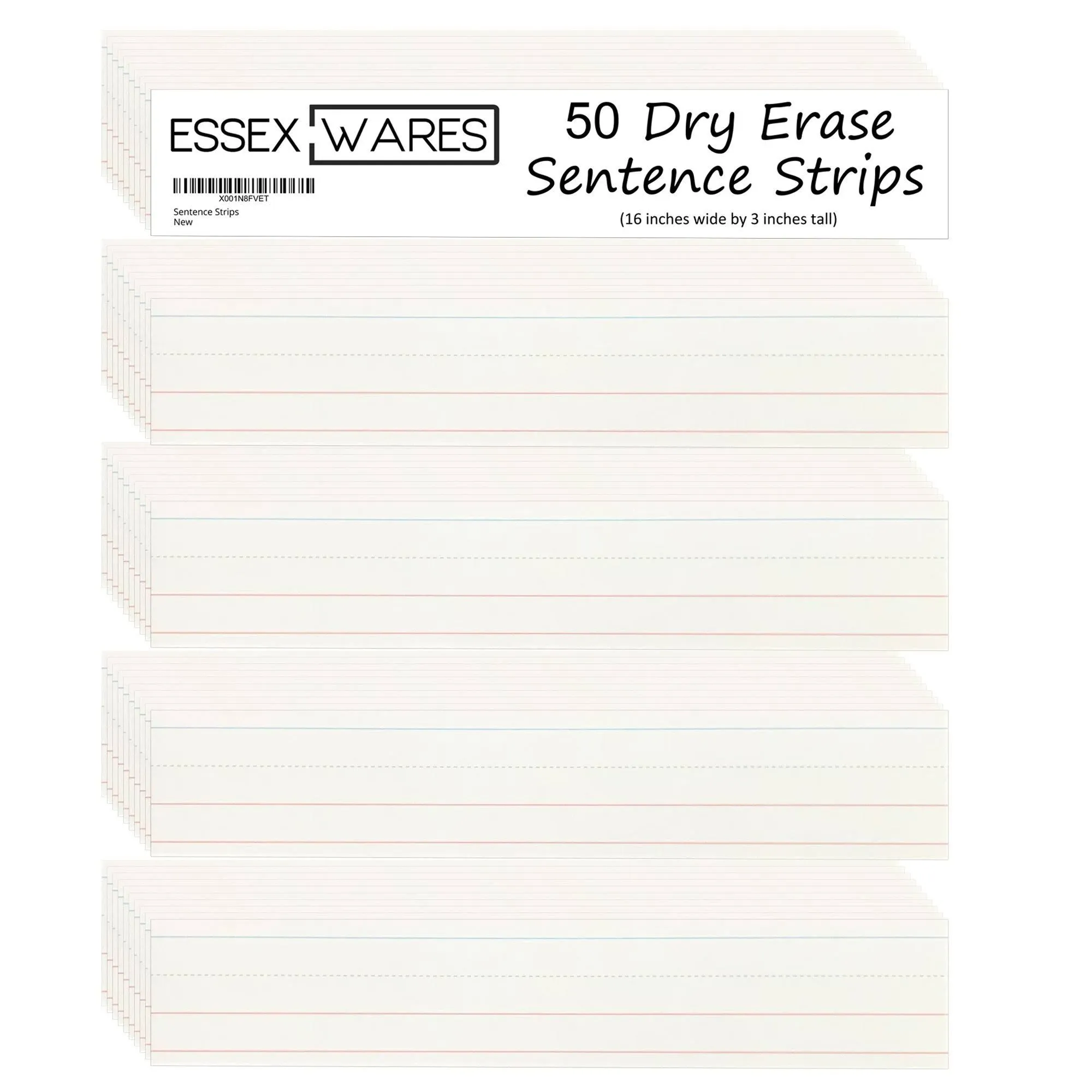 50 Pack, 16" Wide x 3" Tall Dry Erase Sentence Strips - Sentence Strips Cardstock - Reusable & Double Sided (Ruled & Blank) White Sentence Strips for The Classroom, Home, Office