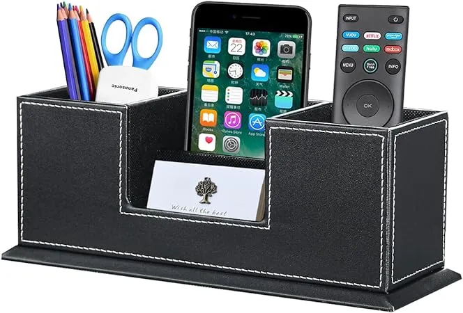 PUSU Desk Pencil Holder, Pen Holder for Desk, Black PU Leather Desktop Organizer, Executive Desk Organizers and Accessories, 4 Slots Office Organizer Pencil Cup, Phone/Business Card Holder Stand