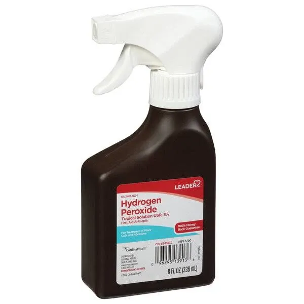 LEADER Hydrogen Peroxide First Aid Antiseptic Topical Solution USP, 3% Spray Bottle 8 fl oz (8 Fl Oz (Pack of 2))