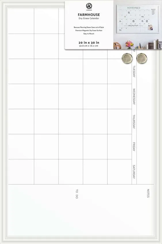 U Brands Farmhouse Dry Erase Calendar with White Frame Set, Office Supplies, with Magnets, 20” x 30”, 3 Pieces