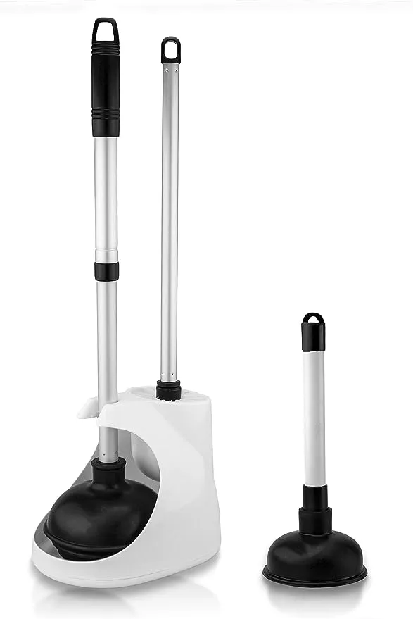 NEIKO 60168A Toilet Plunger Set, 4 Piece, Bonus Mini Sink & Drain Plunger, Toilet Bowl Brush & Caddy, Patented All-Angle Design, Telescopic Aluminum Handle, Bathroom Toilet Brush and Plunger Set