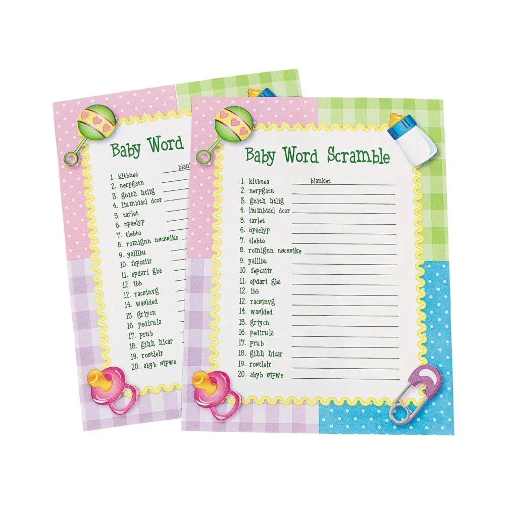 Fun Express Baby Shower Word Scramble Game for Baby, 24 Playing Sheets - Baby Shower and Gender Reveal Party Games