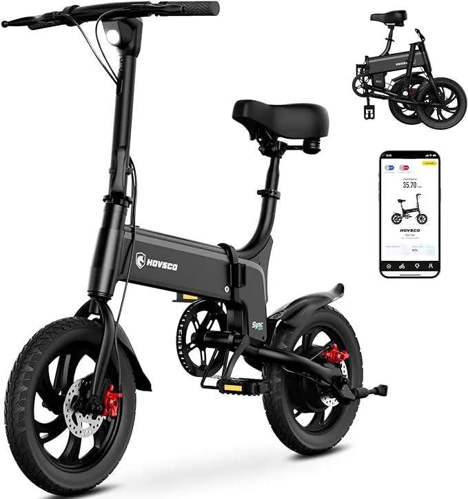 HOVSCO 14" Folding Electric Bike, 30 Miles Range & 18mph Max Speed, 450W Brushless Motor, Foldable Electric Bike, LCD Display With App Control, Adjustable Seat eBike, Commuter Electric Bike For Adults