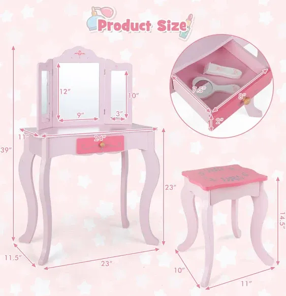 INFANS Kids Vanity, 2 in 1 Princess Makeup Desk Set, Wooden Dressing Table, Pretend Play Vanity Set