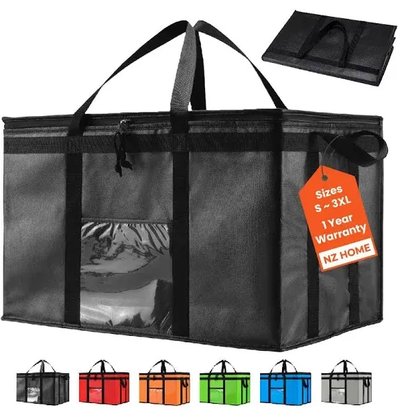 NZ Home Insulated Cooler Bag and Food Warmer (3xl, 2 Pack) for Food Delivery & Grocery Shopping with Zippered Top, Black