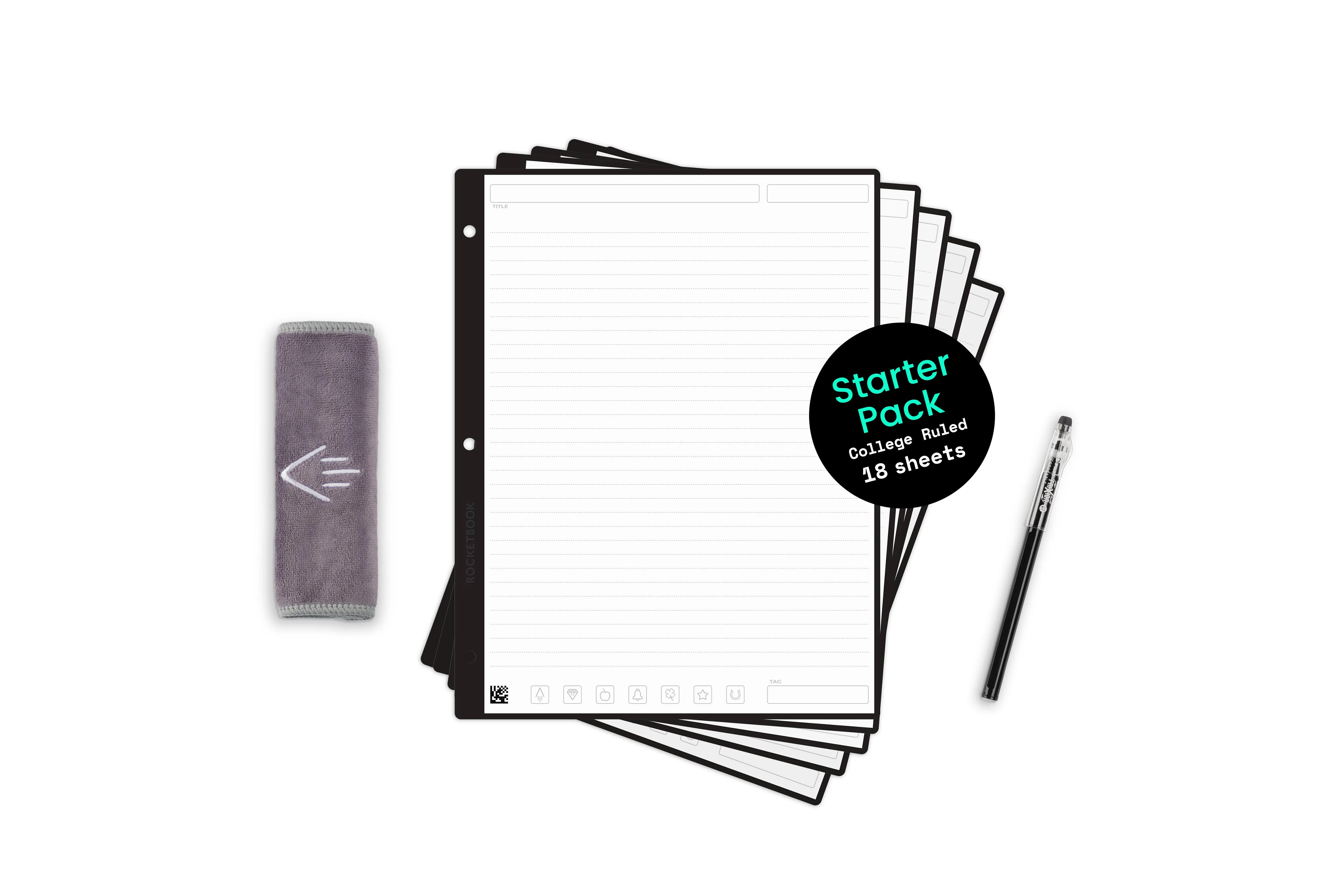 Rocketbook Filler Paper Starter Pack | Lined College Ruled Reusable Notebook Paper (8.5" x 11") | Scannable Binder Paper - Write, Scan, Erase, Reuse |18 Double Sided Sheets, Frixion Pen, Cloth, White