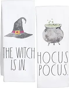 Rae Dunn Hocus Pocus The Witch Is In Black White Cotton Hand Towels BARWARE (2)