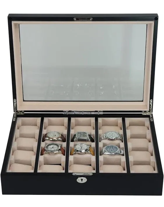 TIMELYBUYS 20 Piece Black Ebony Wood Watch Display Wall Hanging Case and Storage ...