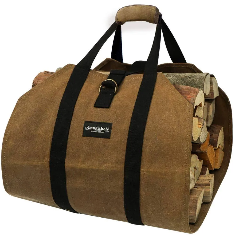 Amagabeli Firewood Carrier Waxed Canvas Log Carrier Bag Indoor Fireplace Log Holder Storage Tote Model Number BG290