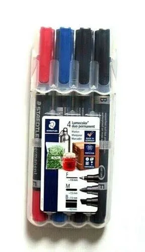 STAEDTLER Lumocolor 4 Box Double Ended Permanent Pens with Assorted Tips and Colours, 348 SWP4