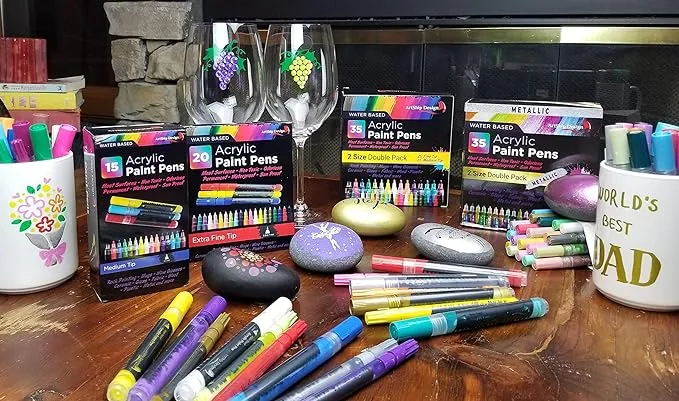 16 Dual-Tip Acrylic Paint Pens, Both Extra Fine and Medium Tip Paint Markers for Rock Painting, Mugs, Ceramic, Wine Glasses, Wood, Glass, Plastic, Most Surfaces - Water Based Non-Toxic and No Odor