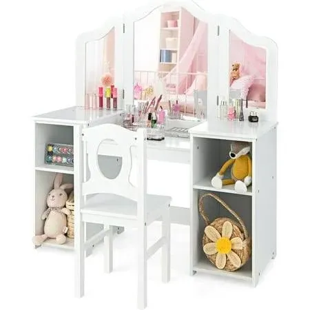 INFANS Kids Vanity  2 in 1 Princess Makeup Desk & Chair Set with Tri-Folding Detachable Mirror  Large Storage Shelves  Wooden Dressing Table  Pretend Play Vanity Set for Girls