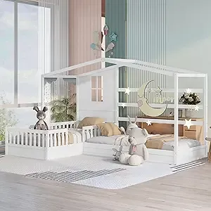 House Beds for 2 Kids Twin Size L-Shape Double Platform Bed Wooden Corner Montessori Bed Frame with Fence Rails and Decorative Panels Cabin/Tent Beds for Boys Girls Teens, White