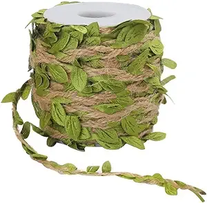 66Ft Natural Jute Twine, 5MM Burlap Leaf Ribbon with Artificial Vine Green Leaves for Wedding Decorations Home Garden