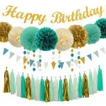 Teal-Blue Mint Beige-Gold Birthday Party Decorations - 31pcs Tissue Pom Poms Streamers,Baby Shower Decorations Girl Women Tassel Garland,25th 30th 40th 50th Happy Birthday Banner Decor Panduola