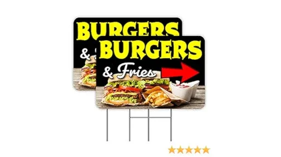 Burgers And Fries (Arrow) 2 Pack Double-Sided Yard Signs 16" x 24" with Metal Stakes (Made in the USA)