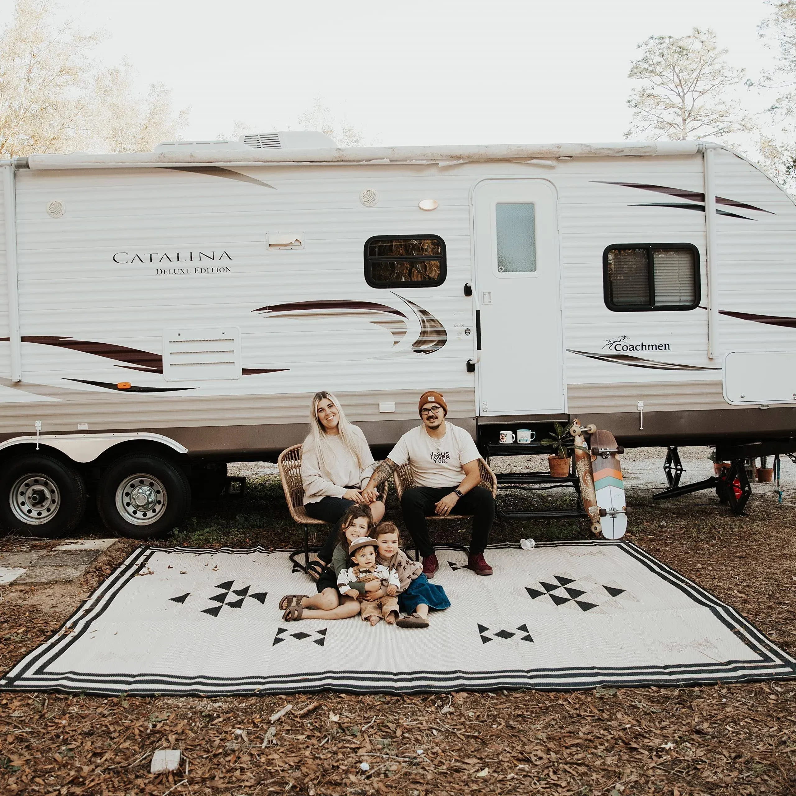 Glamplife RV Mat - Recycled Reversible Waterproof RV Rug - Camping Rugs for Outside Your RV - RV Clearance Rug - 9 x 12 Black and Tan Doeskin Triangle