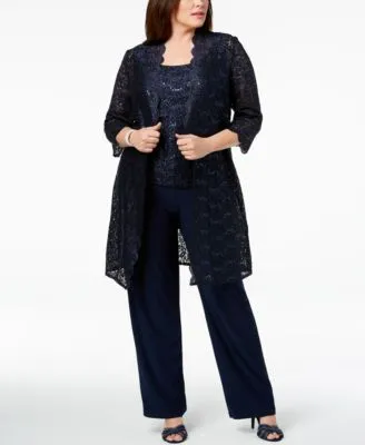 R&M Richards Womens Plus Sequined Lace Pant Suit Navy 16W