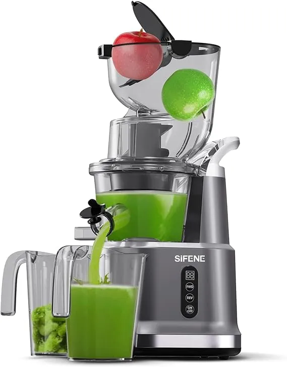 Cold Press Juicer Machine, SiFENE Slow Masticating Juicer, Big Mouth 83mm Opening Ideal for Whole Fruits & Vegetable, Easy-Clean, Quiet Motor (Gray)