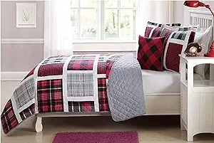 Elegant Home Decor Multicolor Red Black White Grey Printed Plaid Patchwork Design Colorful 3 Piece Quilt