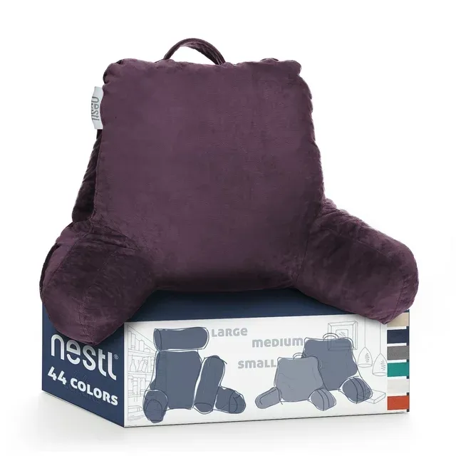 Nestl Backrest Reading Pillow, Bed Rest Pillow with Arms for Sitting In Bed, Shredded Memory Foam Back Support Pillow, Purple Eggplant