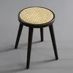 [pj Collection] Natural Rattan Top Wood Stool, Rattan Stool, Small Rattan Stool, Handcrafted Wood Stool, Lightweight Stool, Hand-Woven Rattan, Natural