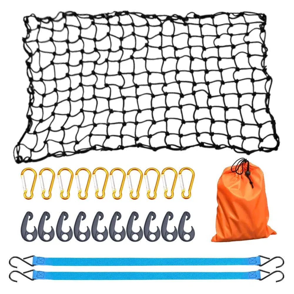 AxPower Bungee Cargo Net 4' x 6' Stretchable to 8' x 12' for Pickup Truck Bed Trailer Luggage Net Heavy Duty Tie-Down Mesh with 12 Pcs Hooks and Metal