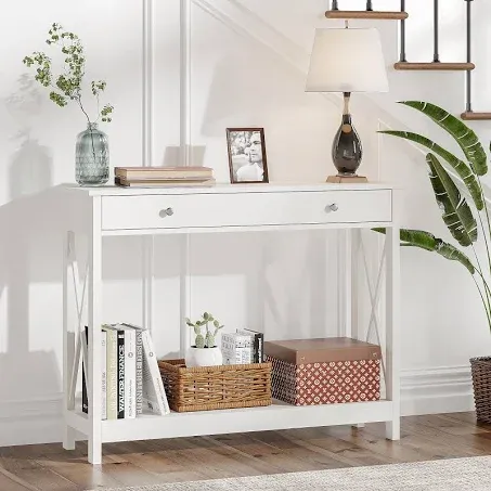 Treocho White Console Table with Drawer and Storage Shelves, Foyer Sofa Table Narrow for Entryway, Living Room, Hallway