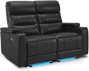 MCombo Power Recliner Loveseat with Adjustable Headrest for Living Room, Home Theater Seating with USB & Type-C Port, Armrest Storage & LED Light HTS470 (Black)