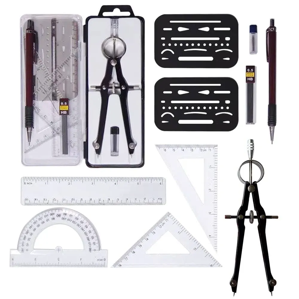 10-piece Geometry Compass Set with Drawing Tools for Architects,Students,and Artists geometry Drawing Kit with Compass,Set square,Protractor,Erasing Shield,and mechanical Pencil Precision Geometry