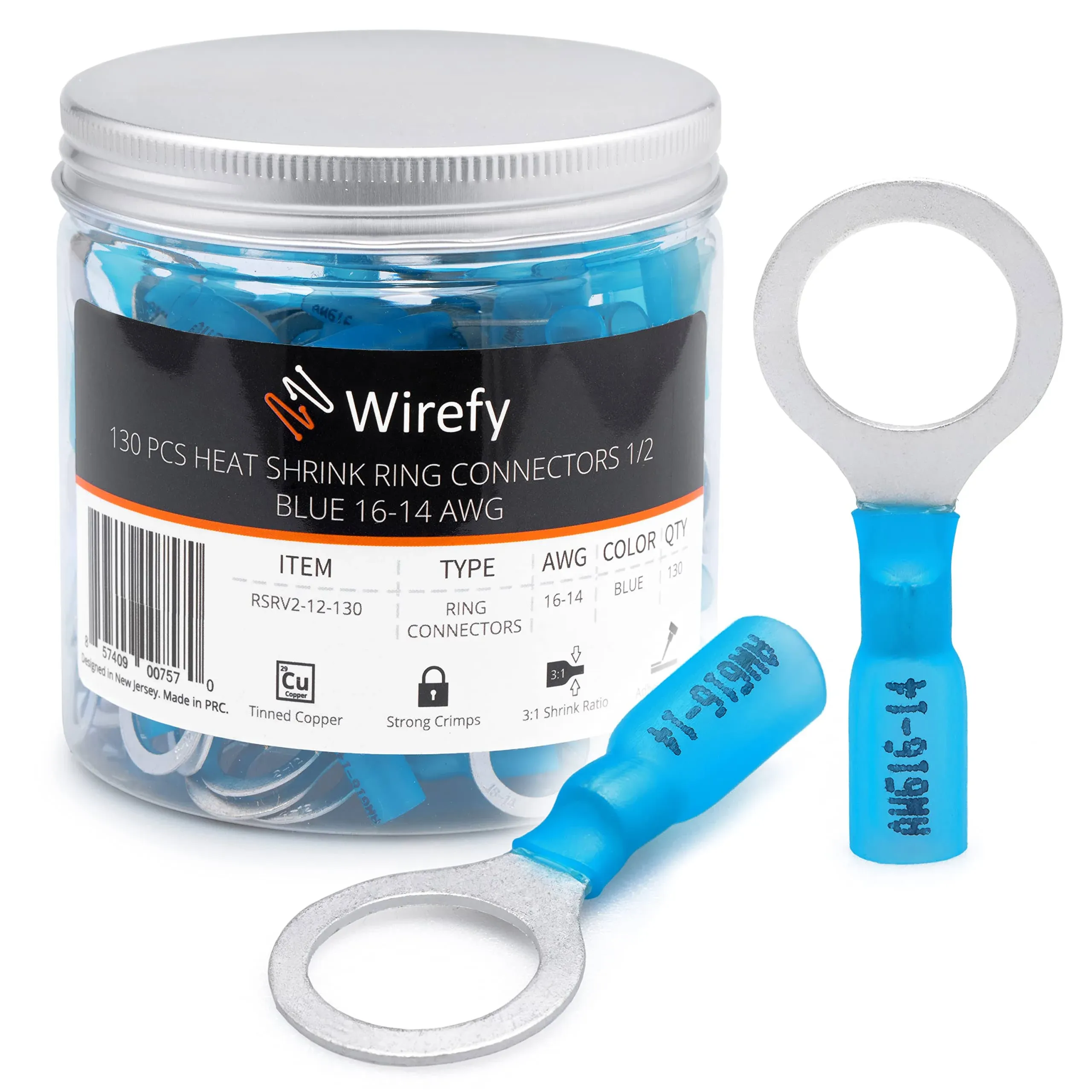 Wirefy 130 PCS Heat Shrink Ring Terminals 1/2" - a Resistant Ring Connectors - Eyelet Wire Connectors - Large Ring Terminals - Blue 16-14 AWG