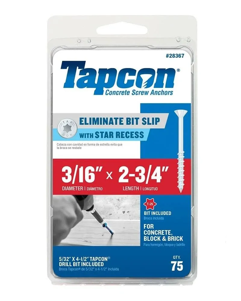 Tapcon® 3/16" x 2-3/4" Star Drive Flat Head Concrete Screw Anchor - 75 Count