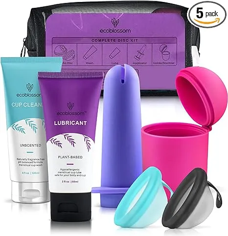 Ecoblossom Complete Menstrual Disc Kit - Small & Large Reusable Period Discs, Silicone Sterilizer Holder, Cleansing Wash, Water-Based Lube, and Easy-Insert Cup Applicator - All Inclusive Set