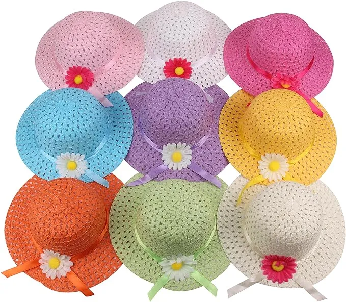 Girls Sunflower Straw Tea Party Hat Set (9 Pcs Assorted Colors)