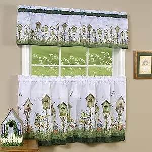 PowerSellerUSA 3-Piece Window Kitchen Curtain Set, Printed Designs, Tier Pair Panels and Valance, Assorted Designs - 58" (W) x 36" (L), Birdhouses