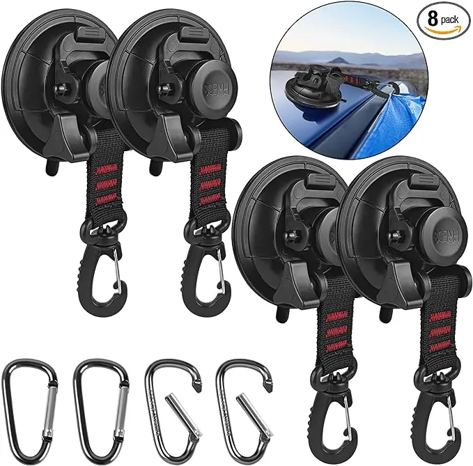 HLOGREE 4pcs Heavy Duty Suction Cups Anchor with Hooks,Vacuum Suction Cup Tie Downs with 4pcs Aluminum Buckle,Outdoor Strong Suction Cup Wall Anchor