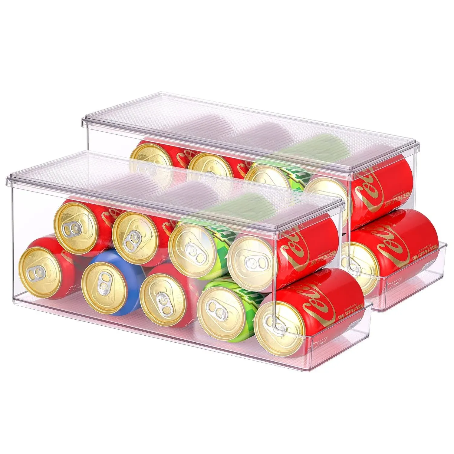 Can Drink Holder with Lid Organizer for Refrigerator, Freezer & Kitchen Cabinets - Space Saving Stackable Clear Can Organizer & Storage for Pantry Food, Canned Goods, Soda & Other Beverages (2-Pack)