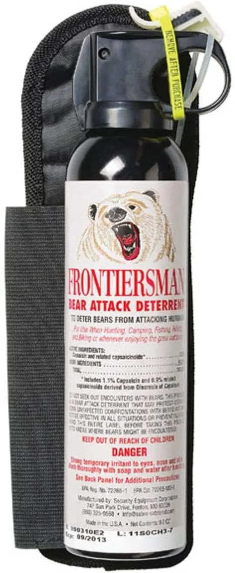 SABRE Frontiersman 9.2 oz. Bear Spray, Maximum Strength 2.0% Major Capsaicinoids, Powerful 35 ft. Range Bear Deterrent, Outdoor Camping & Hiking Protection, Quick Draw Holster & Multipack Options