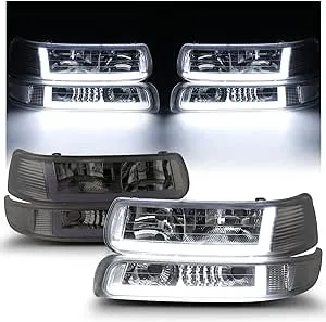 DRL LIGHT BAR Smoke Headlight+Bump<wbr/>er w/6500K LED Bulb for 1999-2006 Silverado