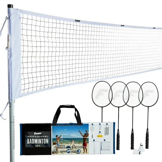 Franklin Sports Badminton Net Sets - Outdoor Backyard + Beach Badminton Net + Equipment Set - (4) Rackets + (2) Birdies + Portable Net Included - Adults + Kids Set