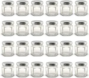 1.5 oz Hexagon Mini Glass Jars with Silver Lids and Labels (Pack of 24)