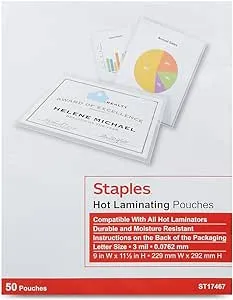 Staples Thermal Laminating Pouches, 3 mil,  Letter Size - 50 pack