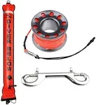 4ft Scuba Diving Open Bottom Surface Marker Buoy (SMB) with 49ft Finger Spool Alloy Dive Reel and Double Ended Bolt Clip