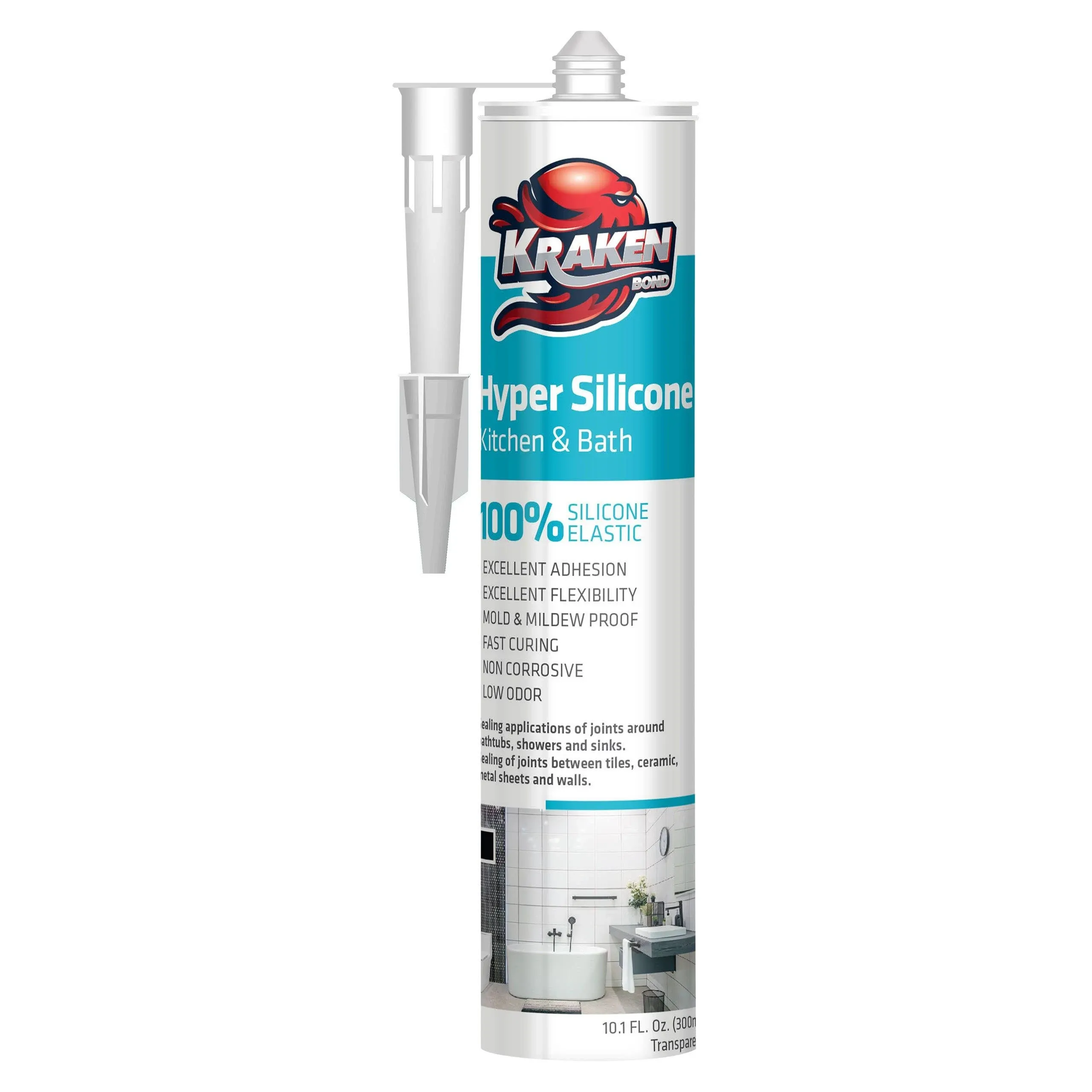 Kraken Bond Hyper Clear Caulking Sealant (10.1 fl. oz) Fast Curing 100% Silicone for Kitchen & Bathroom, Bathtub, Show