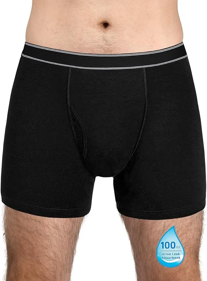 Mens Incontinence Underwear Reusable Cotton Incontinence Boxer Briefs Leakproof Underwear 1 Pack(Black,Large)